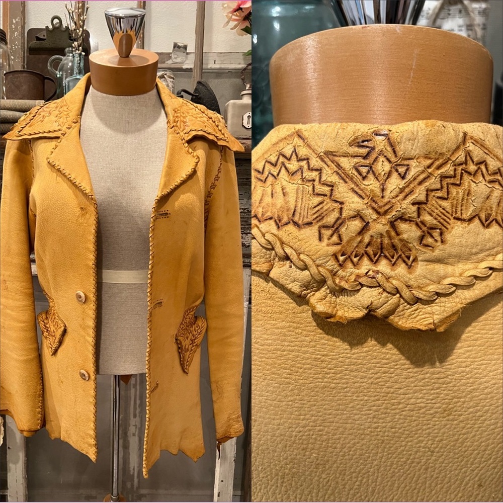 Vtg BUCKSKIN LEATHER Jacket PYROGRAPHY THUNDERBIRD Whipstitch FESTIVAL East West